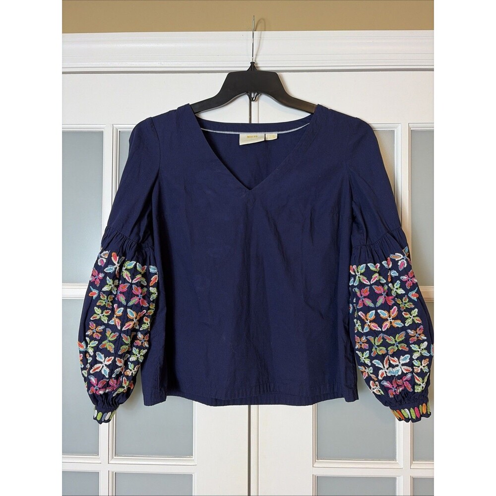 ANTHROPOLOGIE Maeve Women's Sonja Embroidered Blouse Size 6 Navy Puff Sleeves